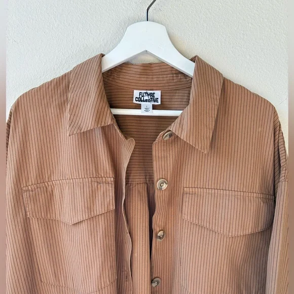 EUC Future Collective Belted Maxi Shirtdress Tan/ Black Striped (Size:L) - Picture 11 of 16